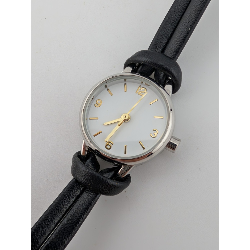 Time and Tru Watch Women 22mmâ Silver Case Black Faux Leather Band- New Battery